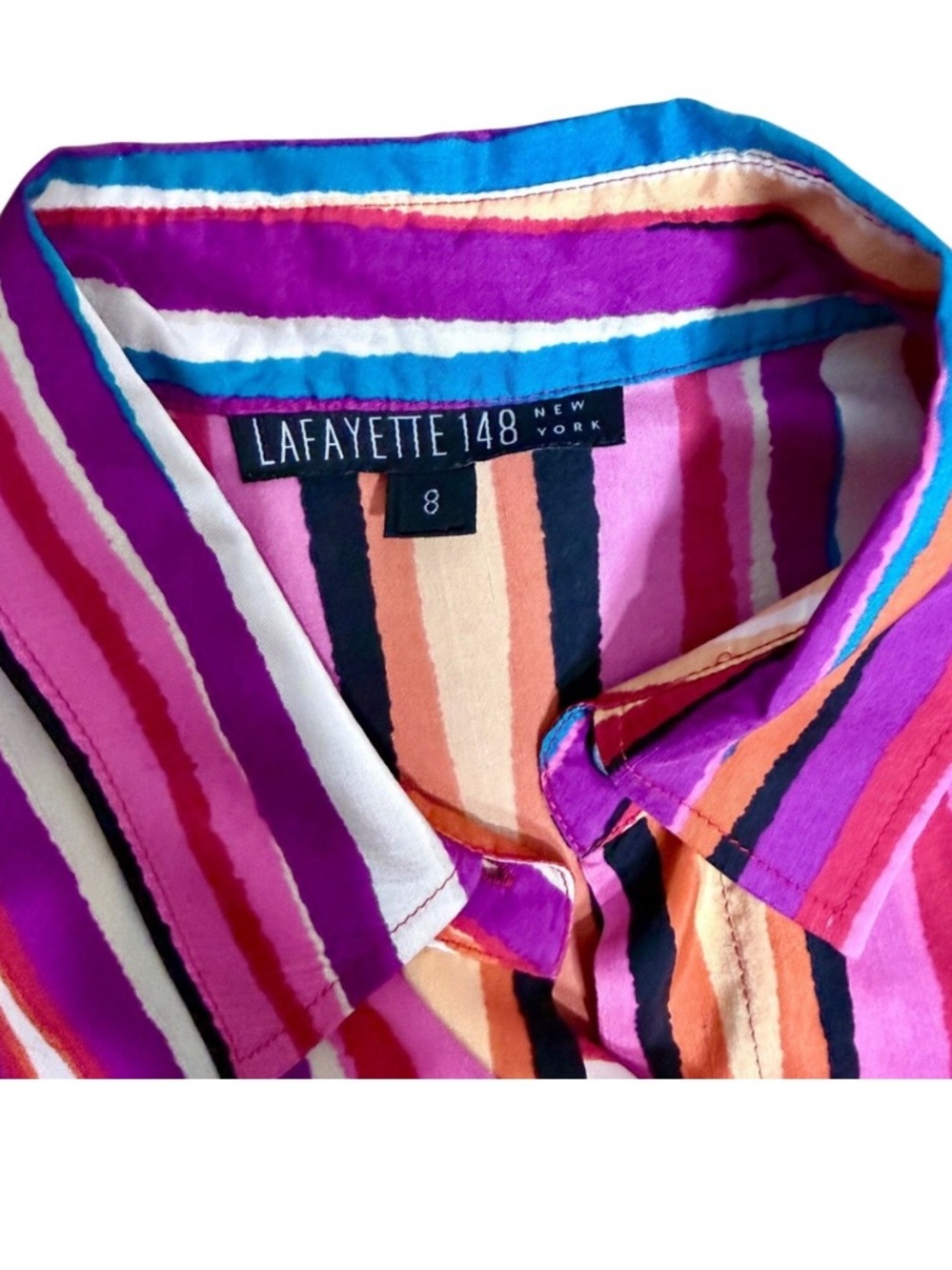 Lafayette 148 New York Vibrant Pink Multicolor Striped Button-Down - Picture 6 of 7